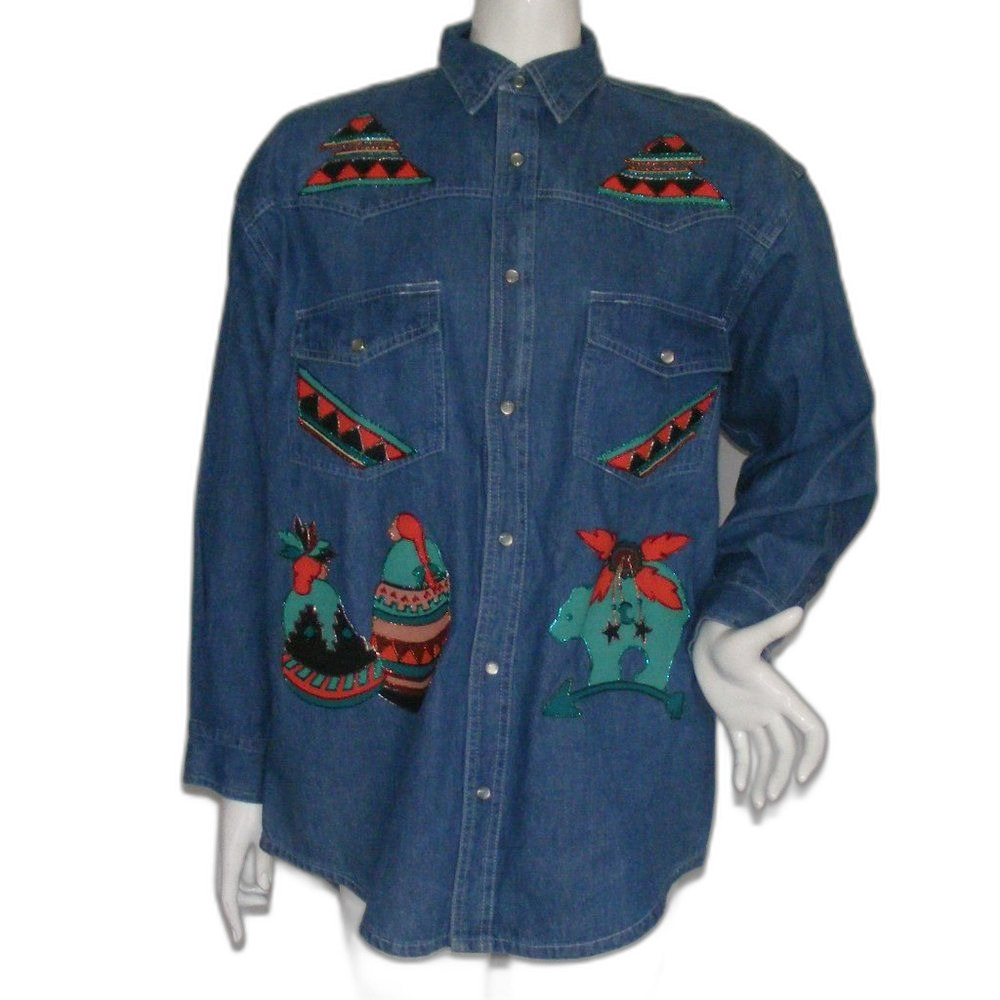 SUNBELT Denim Shirt, M, Embellished/Painted, Southwestern/Native American Ladies